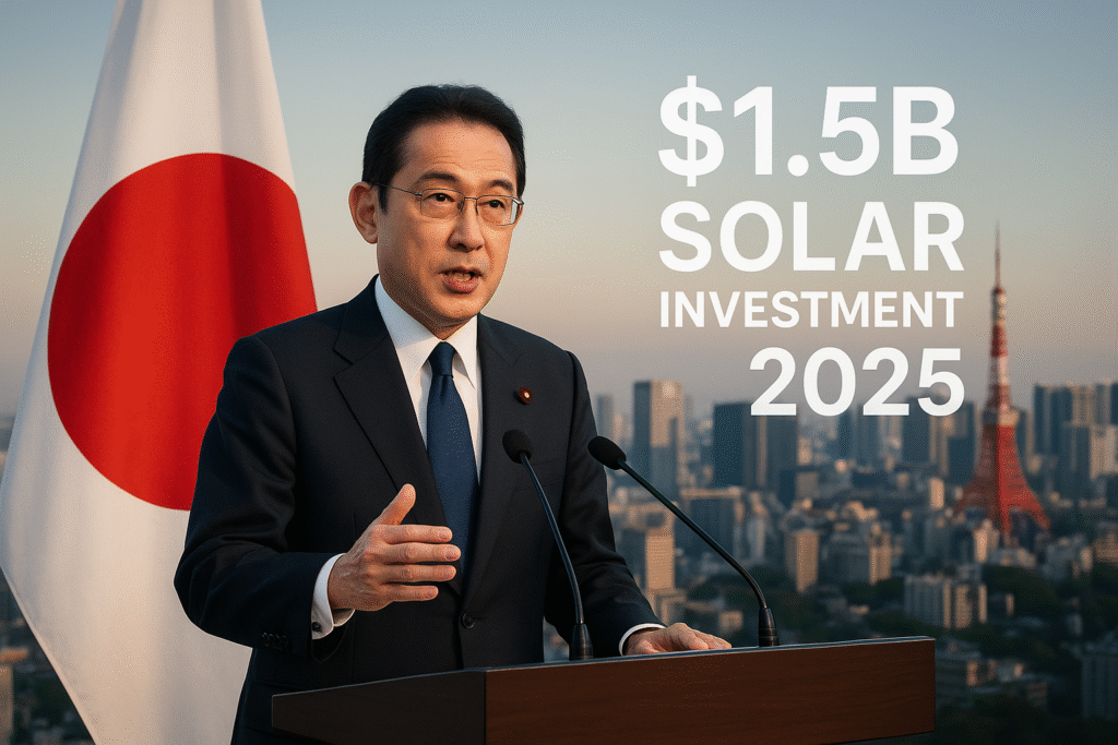 Japanese government official announces $1.5 billion solar energy investment in 2025, standing in front of the national flag and Tokyo skyline.
