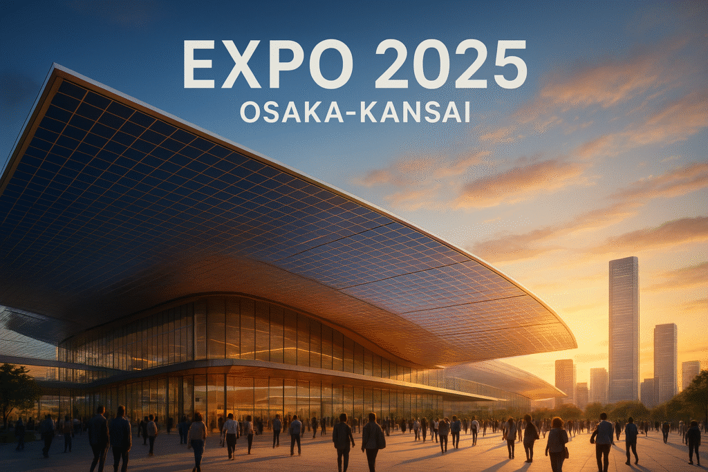 Digital rendering of Osaka-Kansai Expo 2025 bus terminal with futuristic perovskite solar panel roof installation, showcasing Japan’s renewable energy innovation.