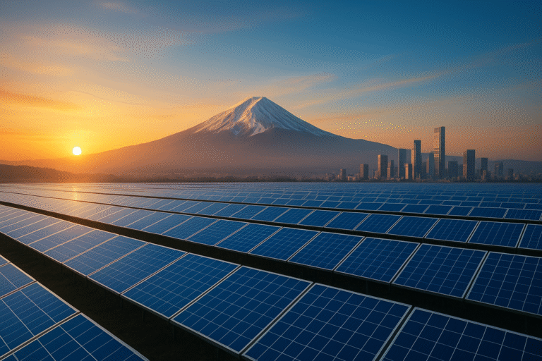 Solar farm in Japan with rows of blue panels at sunrise, Mount Fuji in the background, and a modern city skyline representing Japan’s investment in renewable energy.